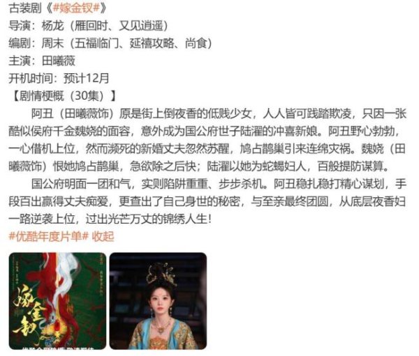 贝盈网 田曦薇新剧嫁金钗人设 双生恶女博弈引发热议